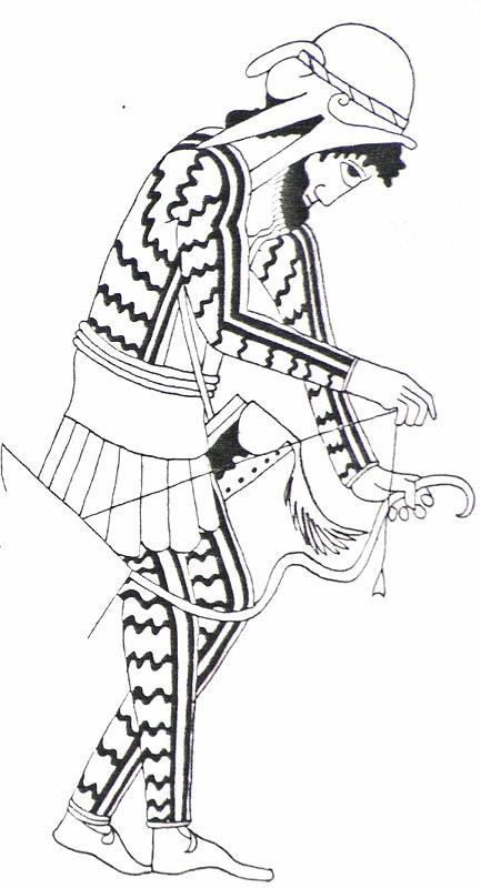 Griechische Rezeption (rf Fragment)T27A2.jpg - Vergleiche vor. Hier die seltene Darstellung des Bespannens eines Sigmabogens.